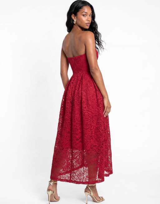 Maya Textured lace bandeau midaxi dress in red, 2 of 7