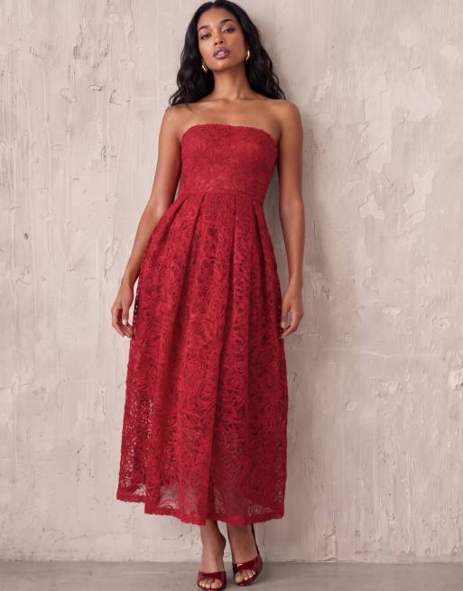 Maya Textured lace bandeau midaxi dress in red, 6 of 7