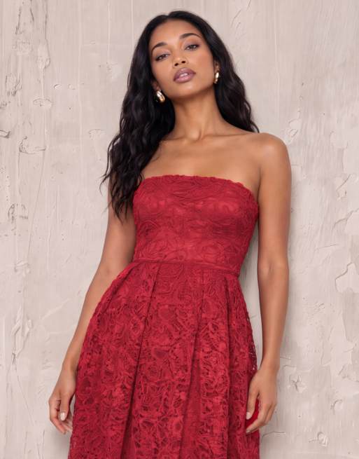 Maya Textured lace bandeau midaxi dress in red, 7 of 7