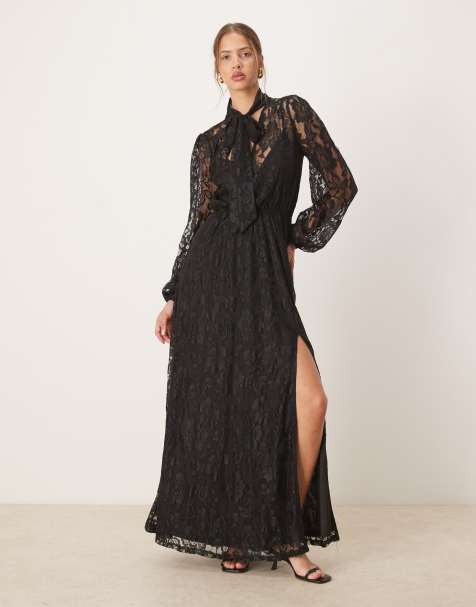 Maya Tie neck long sleeve lace maxi dress in black