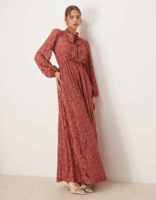 Maya Tie Neck Long Sleeve Lace Maxi Dress In Brown