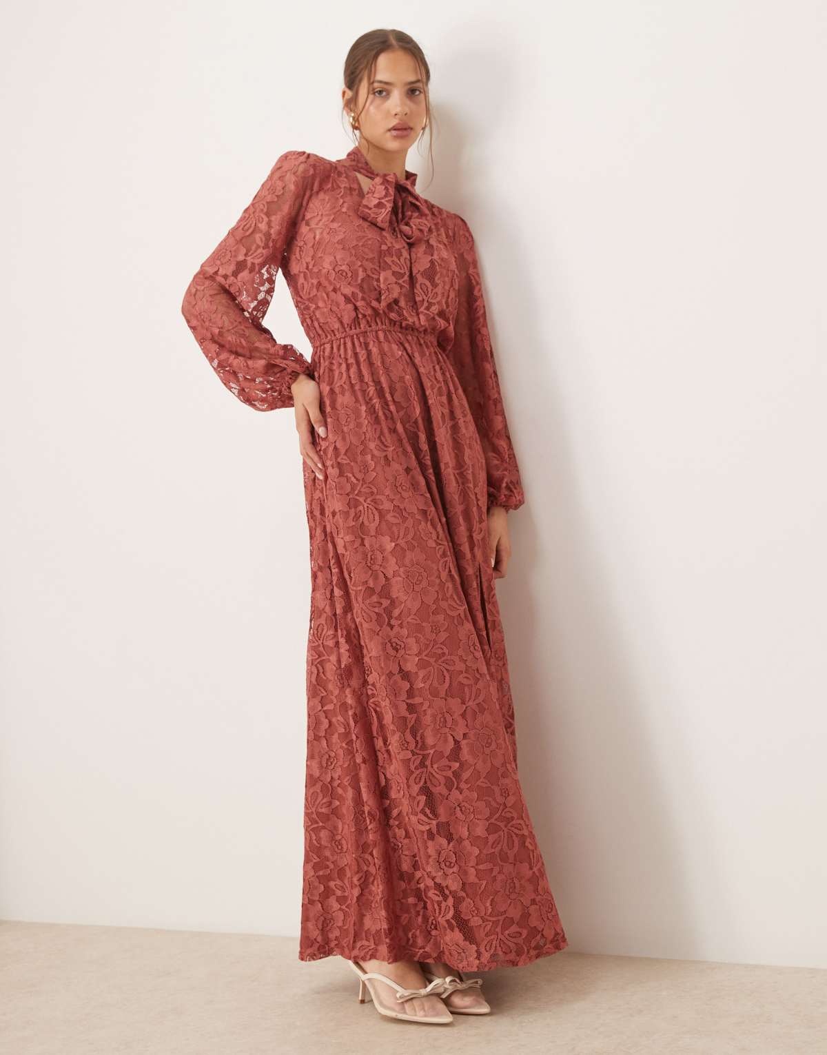 Maya Tie neck long sleeve lace maxi dress in copper rose