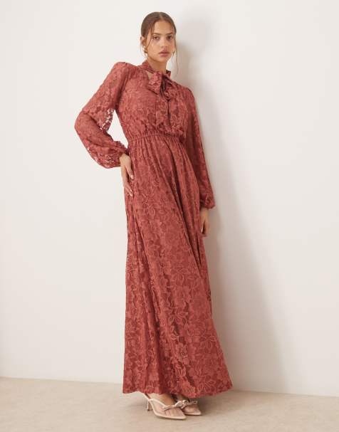 Maya Tie neck long sleeve lace maxi dress in copper rose