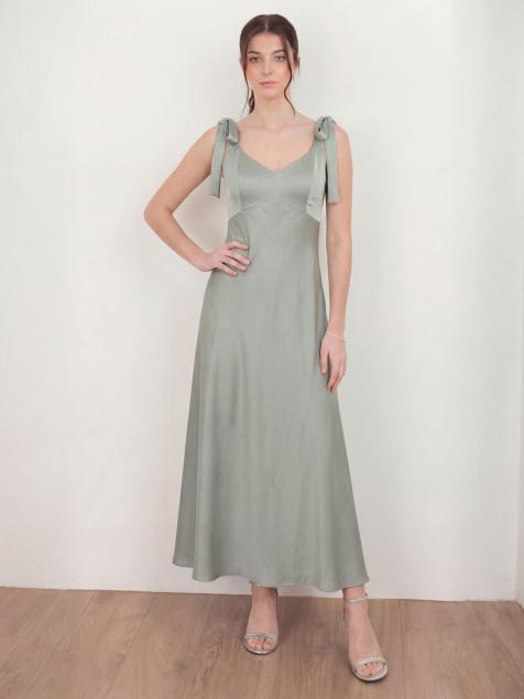 Maya Tie-shoulder satin maxi dress in sage green