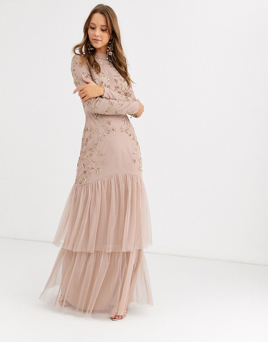 Maya tiered maxi dress with embellishment in taupe-Pink