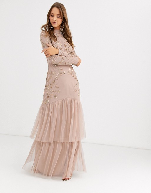 Maya tiered maxi dress with embellishment in taupe