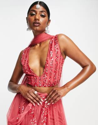 MAYA TRIANGLE EMBELLISHED OPEN BACK LEHENGA CROP TOP IN RED 