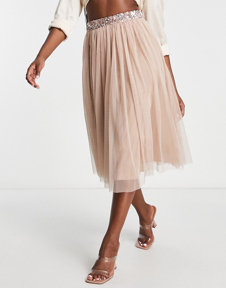 Maya tulle midi skirt with slit in muted blush-Pink