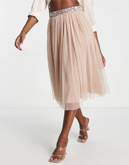 Maya tulle midi skirt with slit in muted blush