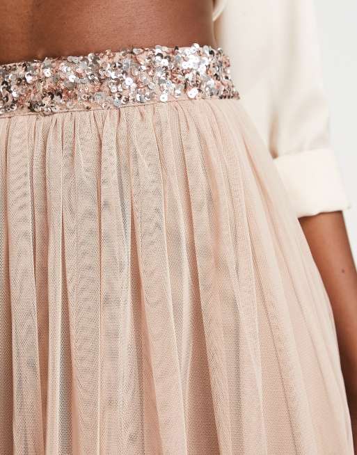 Maya tulle midi skirt with slit in muted blush