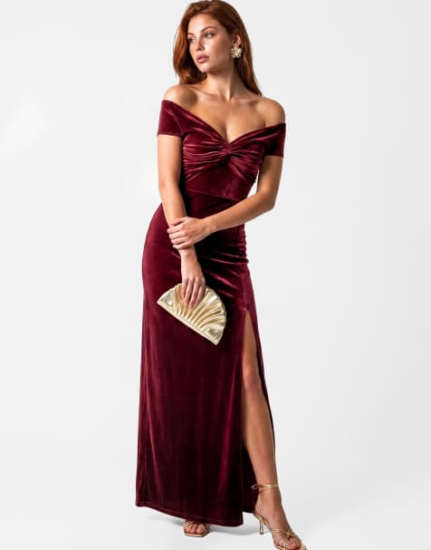 Maya Twist front bardot velvet maxi dress in cranberry - view 1