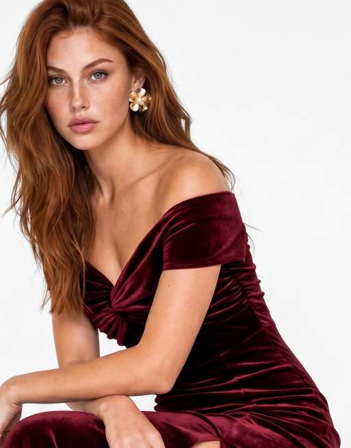 Maya Twist front bardot velvet maxi dress in cranberry, 3 of 6