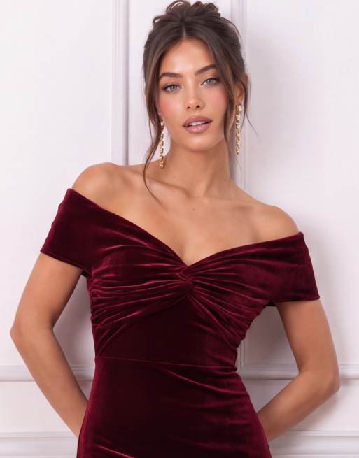 Maya Twist front bardot velvet maxi dress in cranberry, 6 of 6