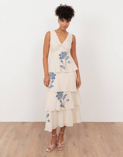 Maya Twist front embellished tiered midaxi dress in vanilla