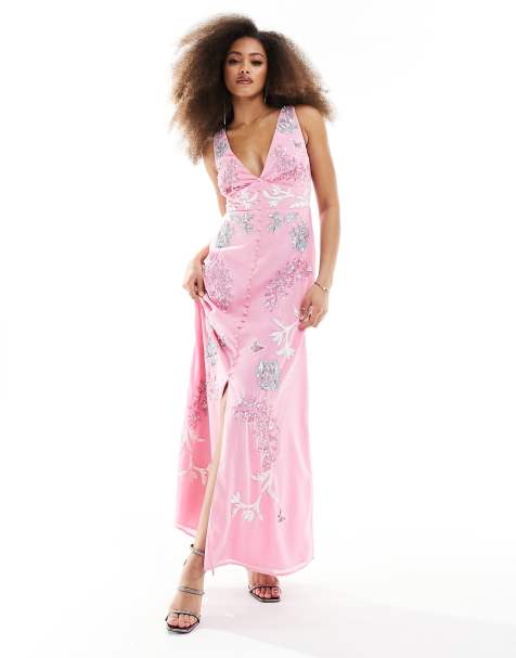 Maya - Udsmykket maxikjole med V-hals i pink - view 1