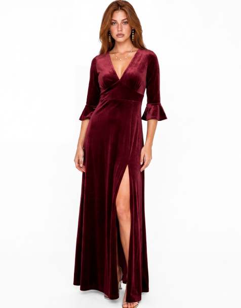 Maya V neck 3/4 flute sleeve velvet maxi dress in cranberry - view 1