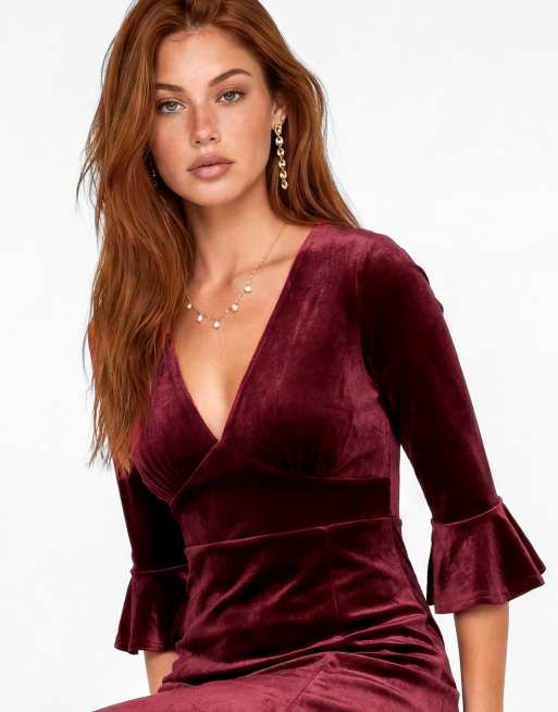 Maya V neck 3/4 flute sleeve velvet maxi dress in cranberry, 3 of 4