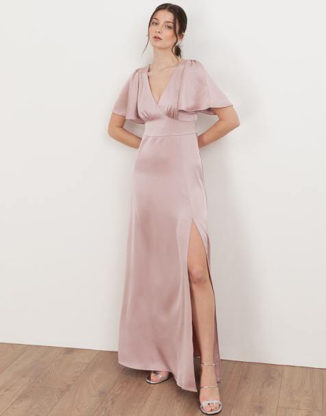Maya V neck angel sleeve satin maxi dress in blush