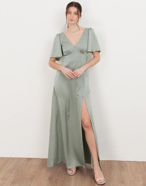 Maya V neck angel sleeve satin maxi dress in sage green - view 1