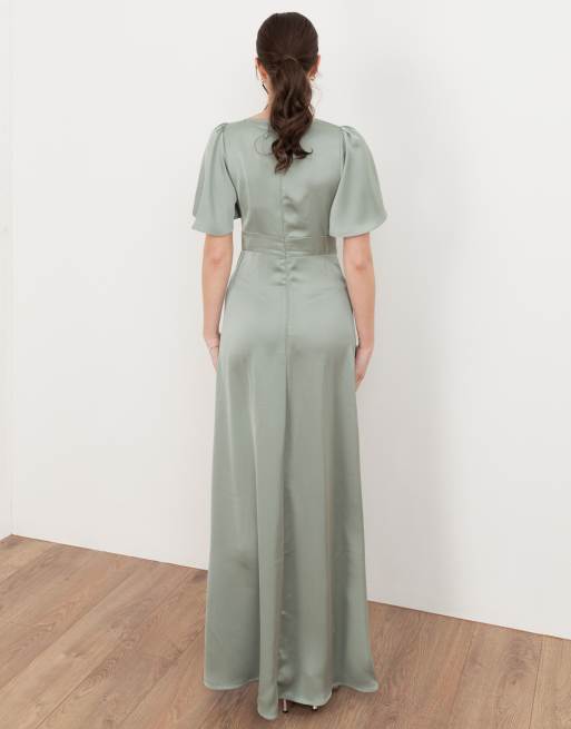Maya V neck angel sleeve satin maxi dress in sage green, 2 of 4