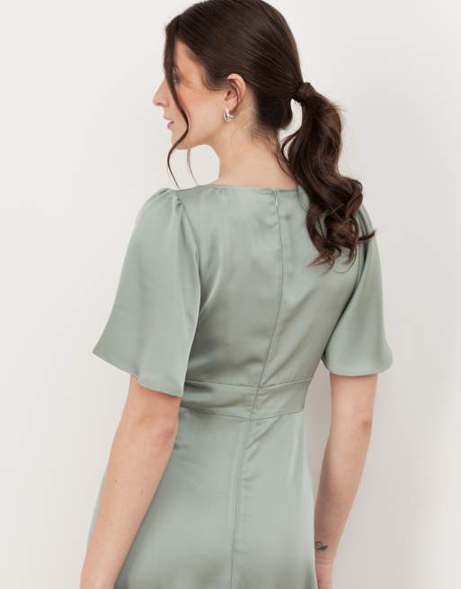 Maya V neck angel sleeve satin maxi dress in sage green, 3 of 4