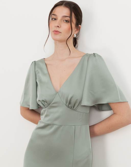 Maya V neck angel sleeve satin maxi dress in sage green, 4 of 4