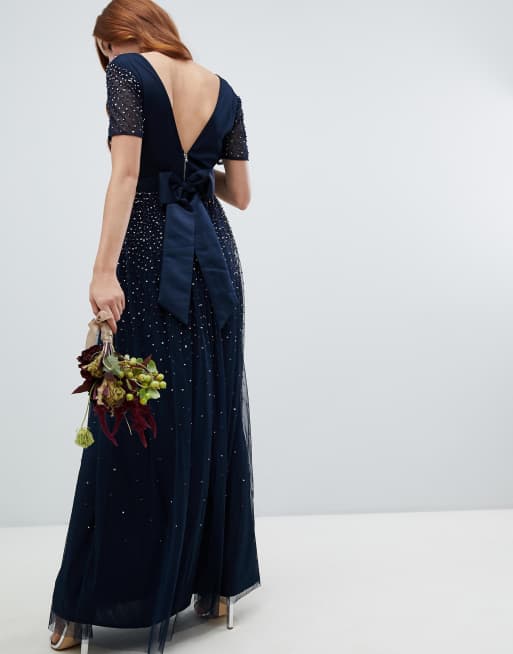 Maya v neck maxi tulle dress with contrast tonal delicate 2025 sequins in navy