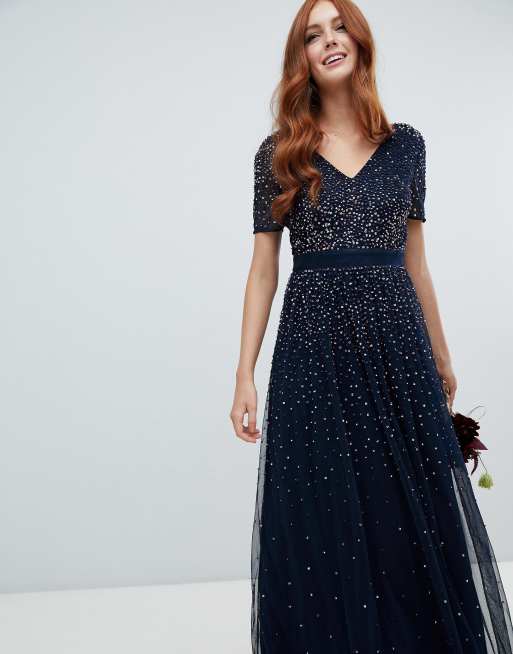 Maya v neck maxi tulle dress with contrast tonal delicate 2025 sequins in navy