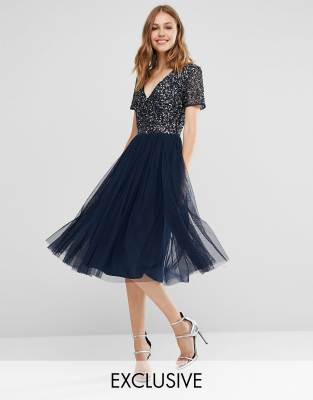 maya embellished v neck ruffle shoulder midi dress