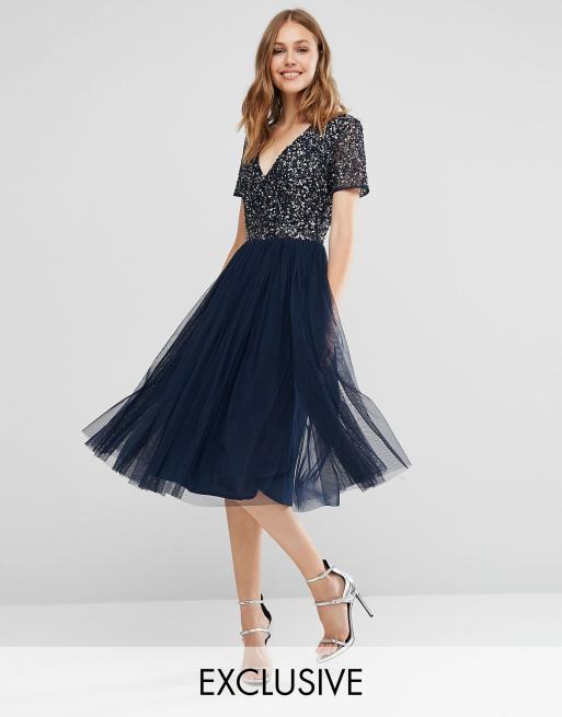 Maya V Neck Midi Tulle Dress with Tonal Delicate Sequins | ASOS