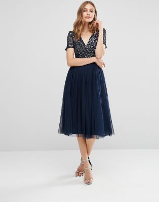 maya embellished v neck ruffle shoulder midi dress