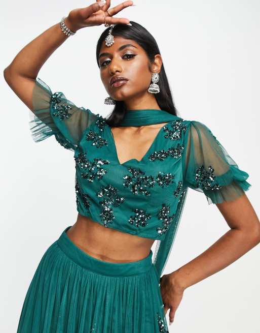 Maya v set embellished lehenga crop top in emerald green