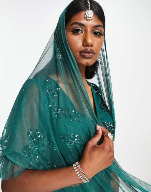 Maya v set embellished lehenga scarf in emerald green, 3 of 4