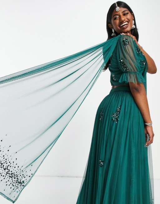 Maya v set embellished lehenga scarf in emerald green, 4 of 4