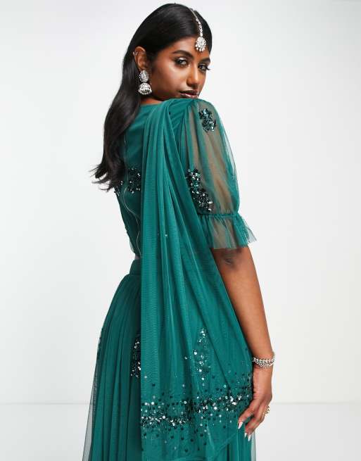 Maya - V-Set - Lehenga sjaal met versieringen in smaragdgroen