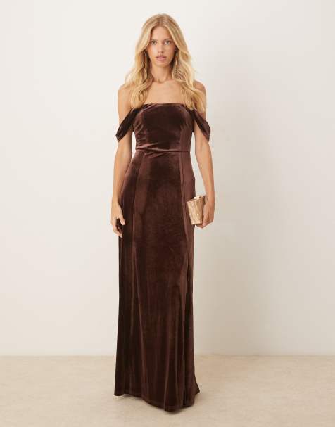 Maya Velvet bardot dress in chocolate