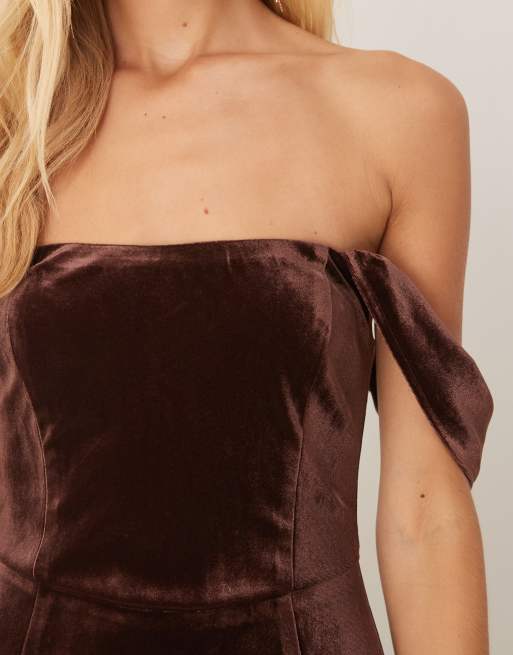 Maya Velvet bardot dress in chocolate, 3 of 4