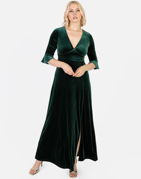 Maya Velvet v neck flute sleeve maxi dress in emerald green