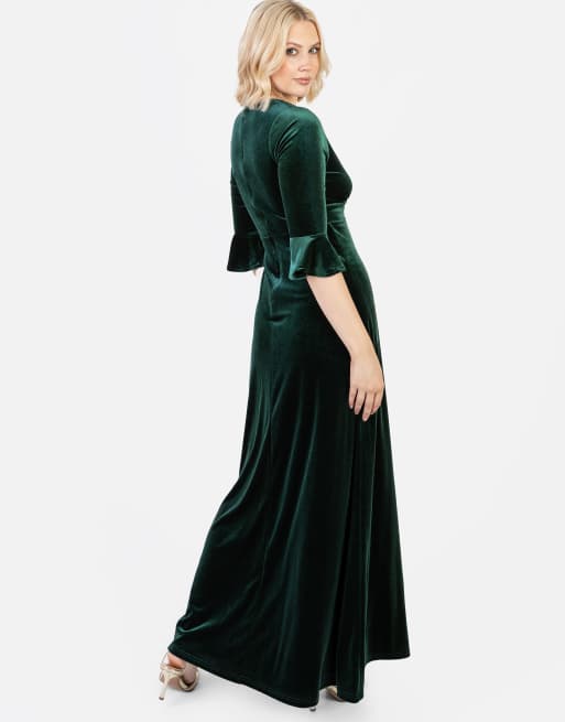 Maya Velvet v neck flute sleeve maxi dress in emerald green, 2 of 4