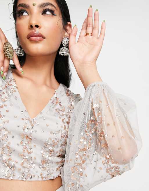 Maya - Versierde crop lehenga top in grijs