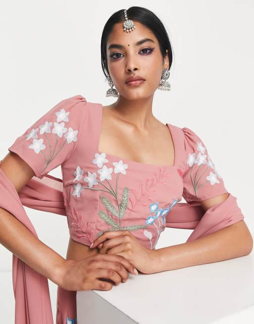 Maya - Versierde lehenga-crop top met bloemen in blush