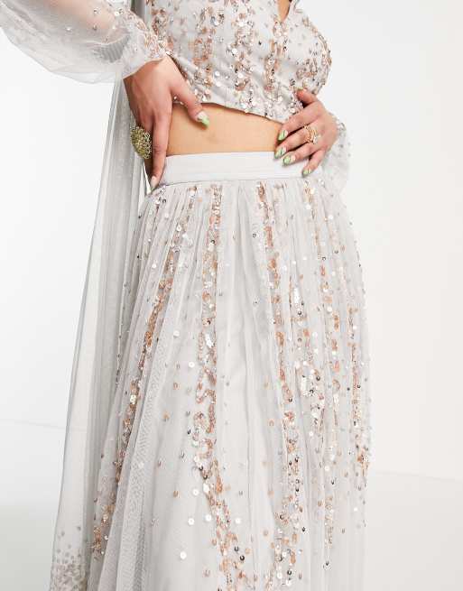 Maya - Versierde lehenga maxirok in grijs, 2 van 4