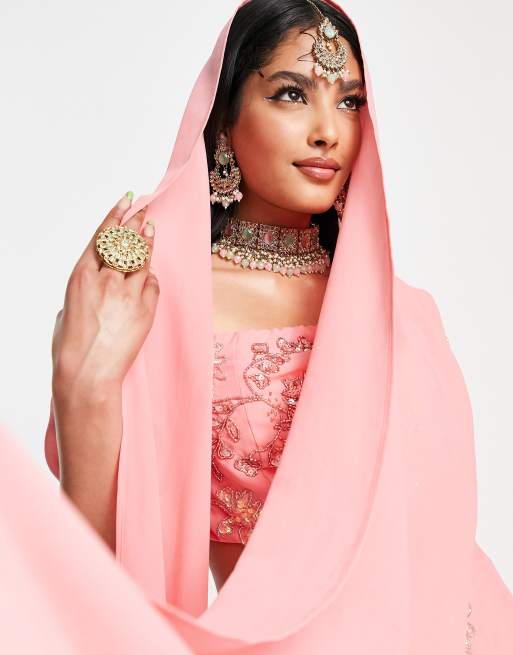 Maya - Versierde lehenga-sjaal met bloemeneversiering in roze