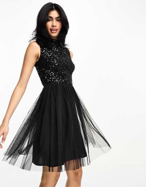 Maya - Vestito corto accollato nero con paillettes delicate - view 1