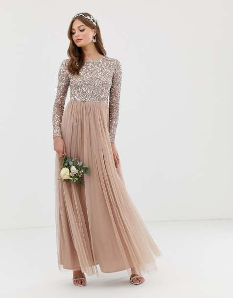 Maya - Vestito da damigella lungo a maniche lunghe con delicate paillettes e gonna in tulle