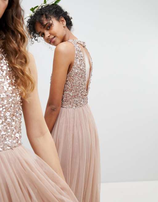 Maya - Vestito da damigella lungo in tulle con corpino in paillettes senza maniche e cut-out sul retro, 4 di 4