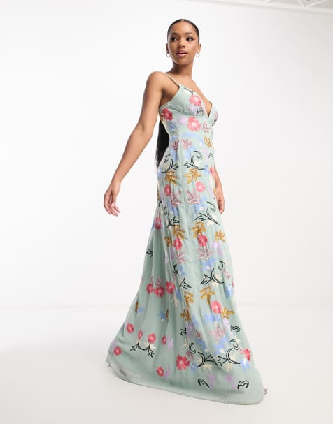 Maya - Vestito da giorno con spalline sottili verde salvia ricamato - view 1