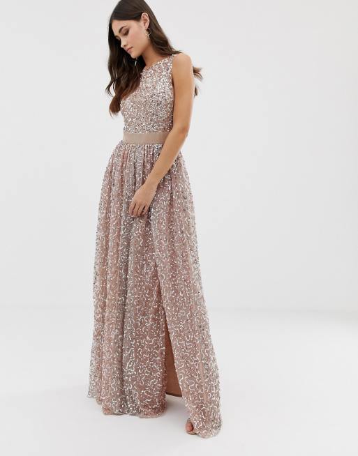 Maya - Vestito grigio cipria con delicate paillettes tono su tono a contrasto e vita in raso