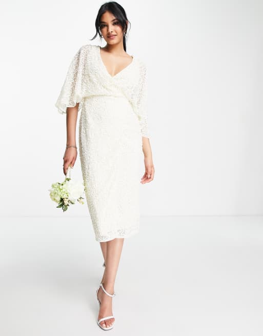 Maya - Vestito longuette midi avvolgente écru con paillettes delicate