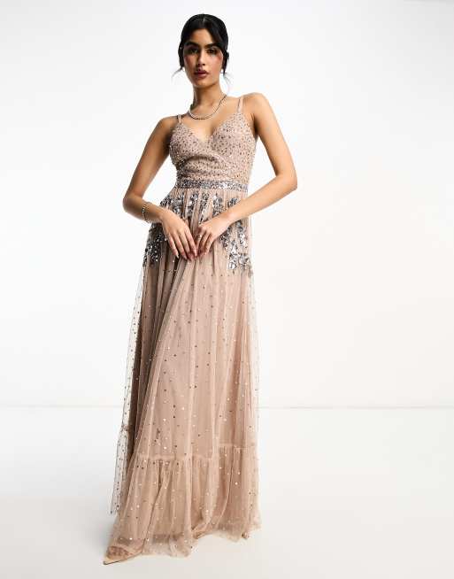 Maya - Vestito lungo a portafoglio da damigella in tulle color cipria decorato con paillettes delicate tono su tono in coordinato